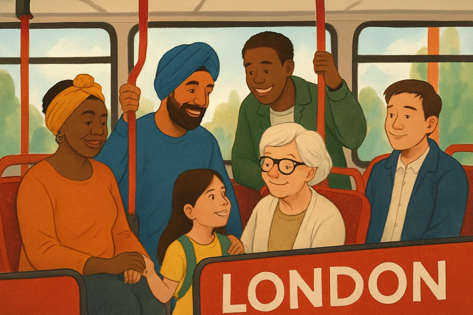 Diverse group of passengers on a London bus showing unity