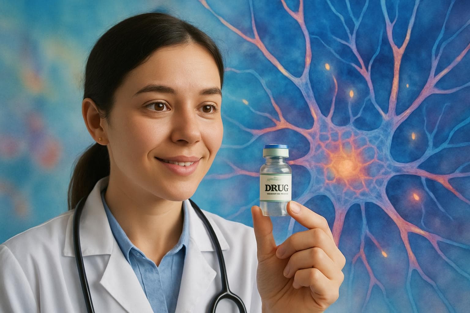 Young doctor holding a vial with brain neurons in the background