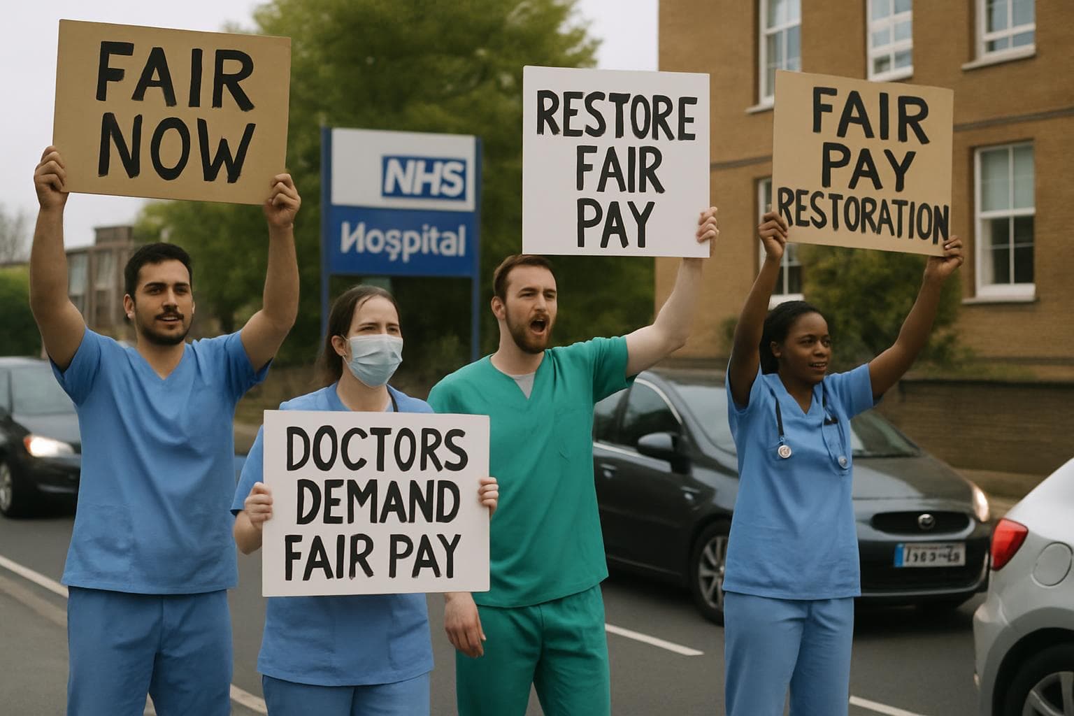 Doctors in hospital attire holding protest signs outside a hospital.