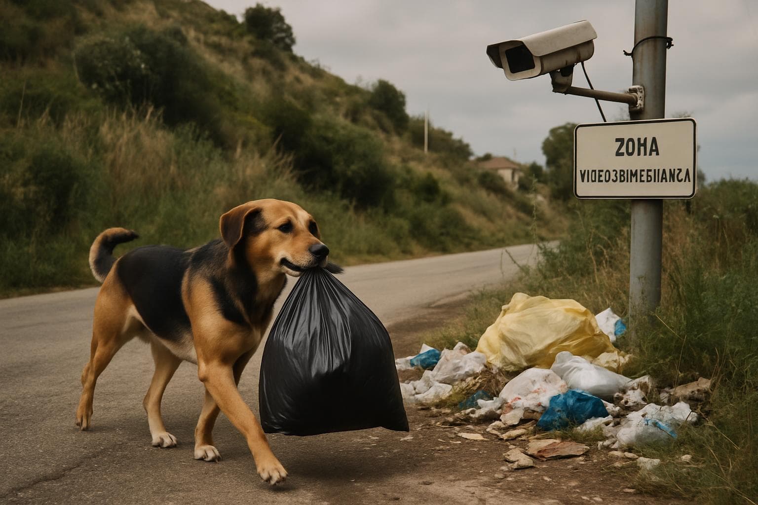 Dog carrying a rubbish bag on a Sicilian roadside