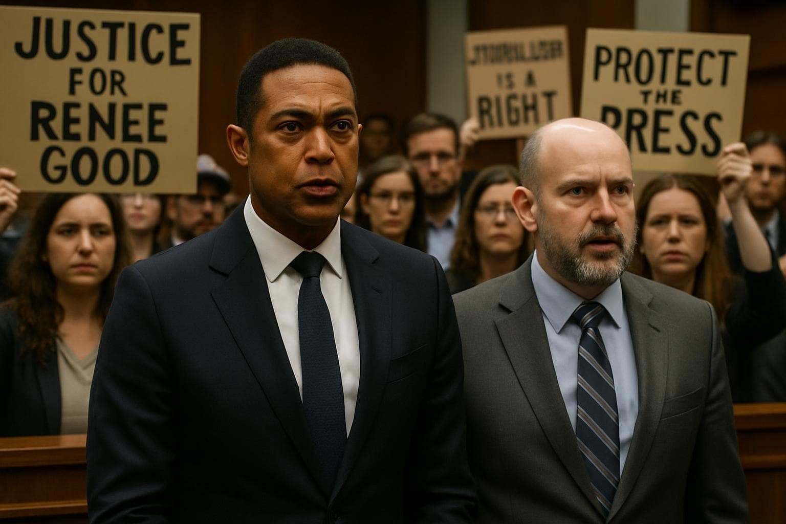 Don Lemon with attorney in court amid protesters