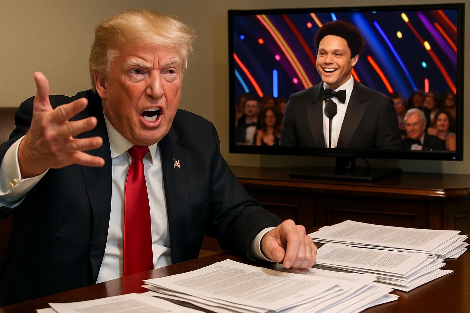 Donald Trump gesturing at a desk with legal papers