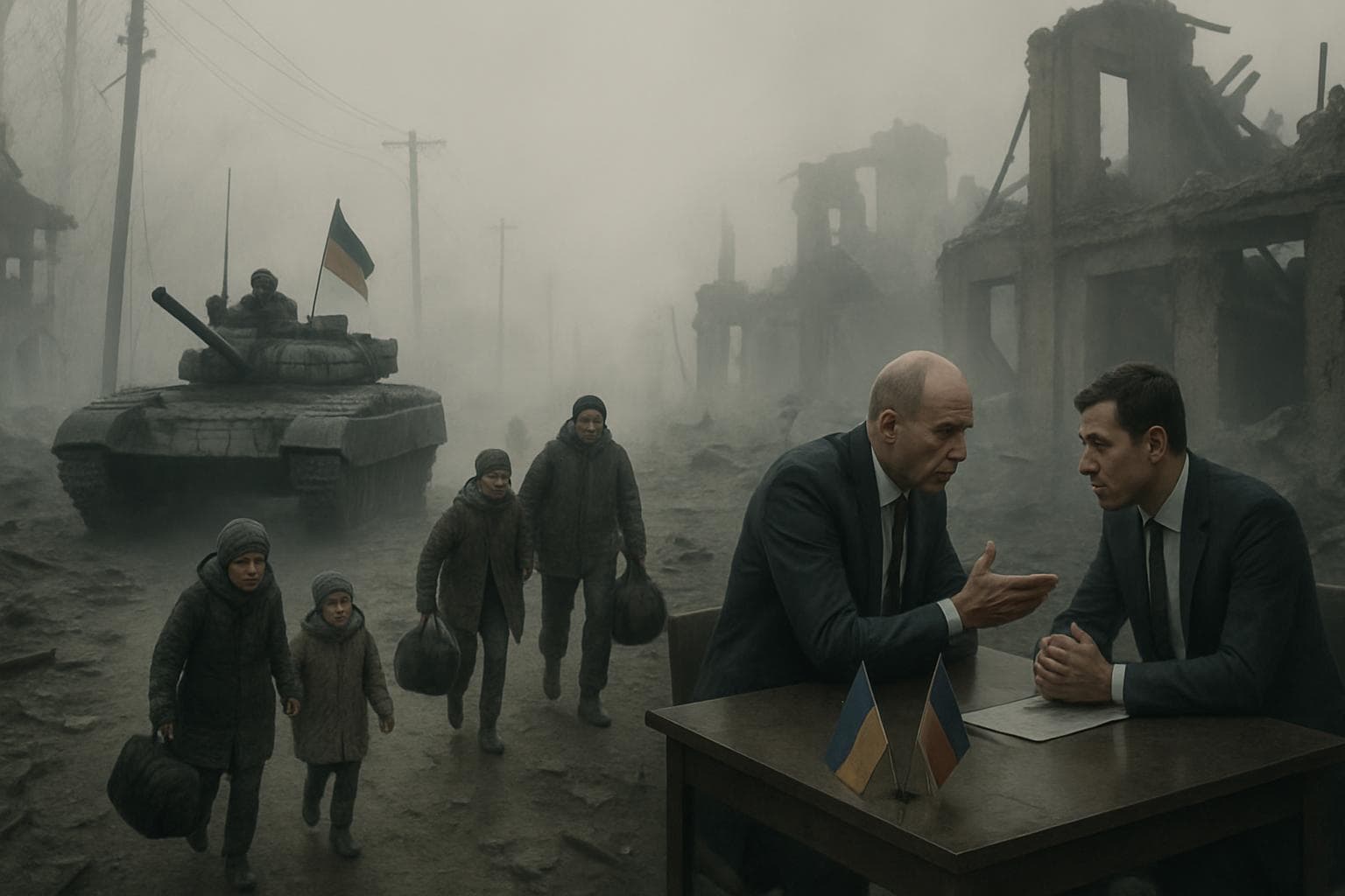 War-torn landscape in Donbas with military and fleeing civilians