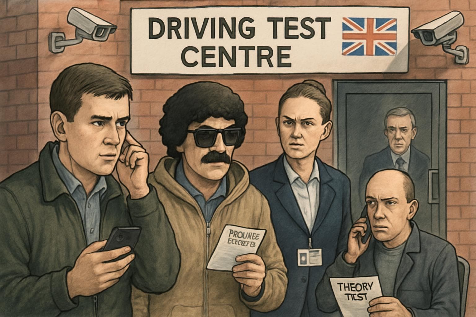 Candidates at a UK driving test center using hidden earpieces