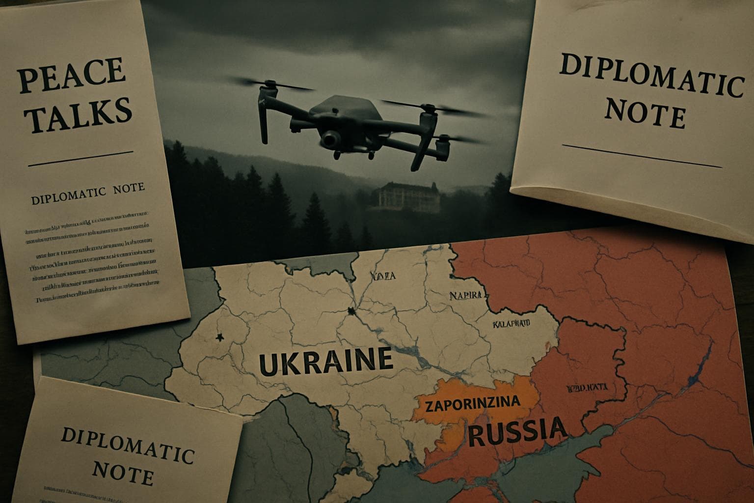 Drone flying over forest with diplomatic documents and map