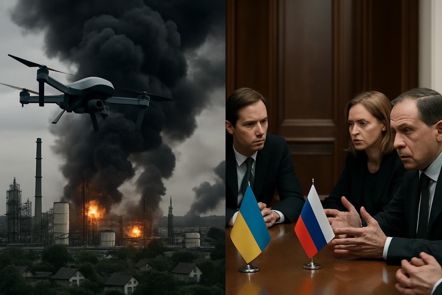 Drones flying over smoking refineries in Ukraine.