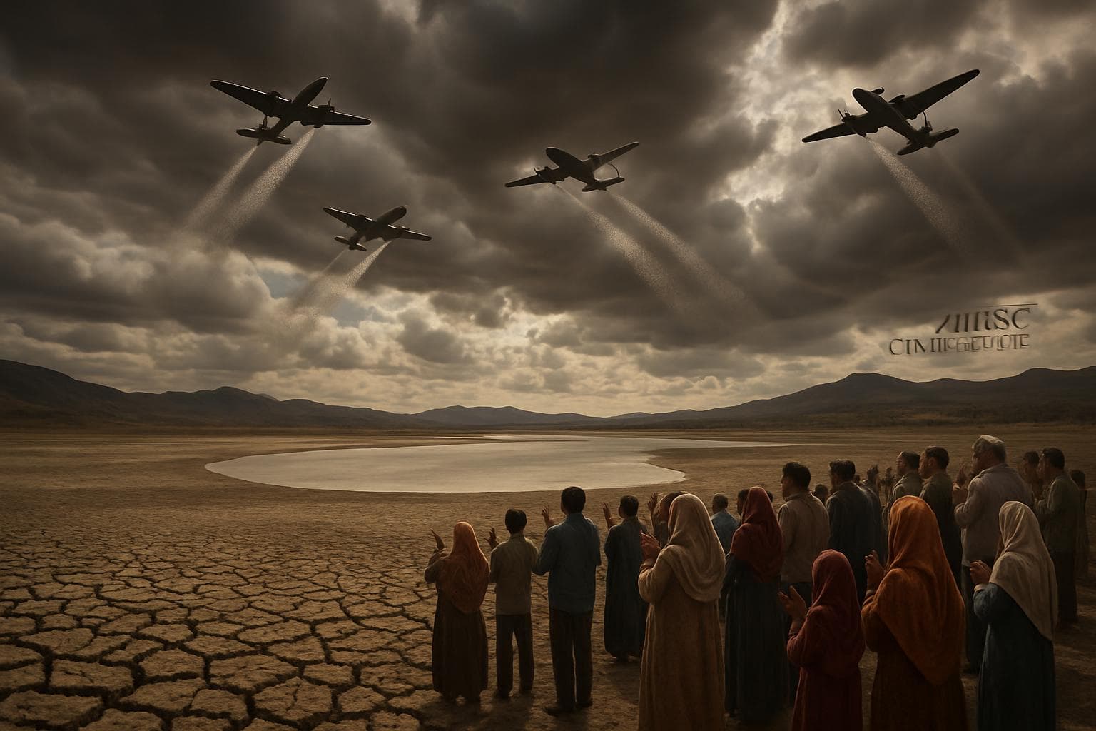 Planes cloud seeding over a dried lake with gathered community