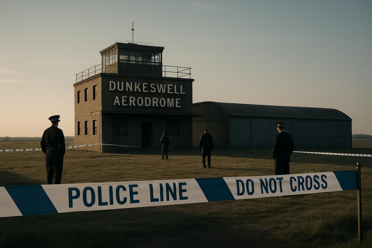Police cordons at Dunkeswell Aerodrome under clear sky