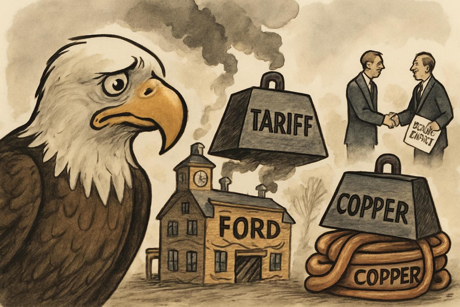 Distressed eagle watching Ford and copper industries under tariff pressure