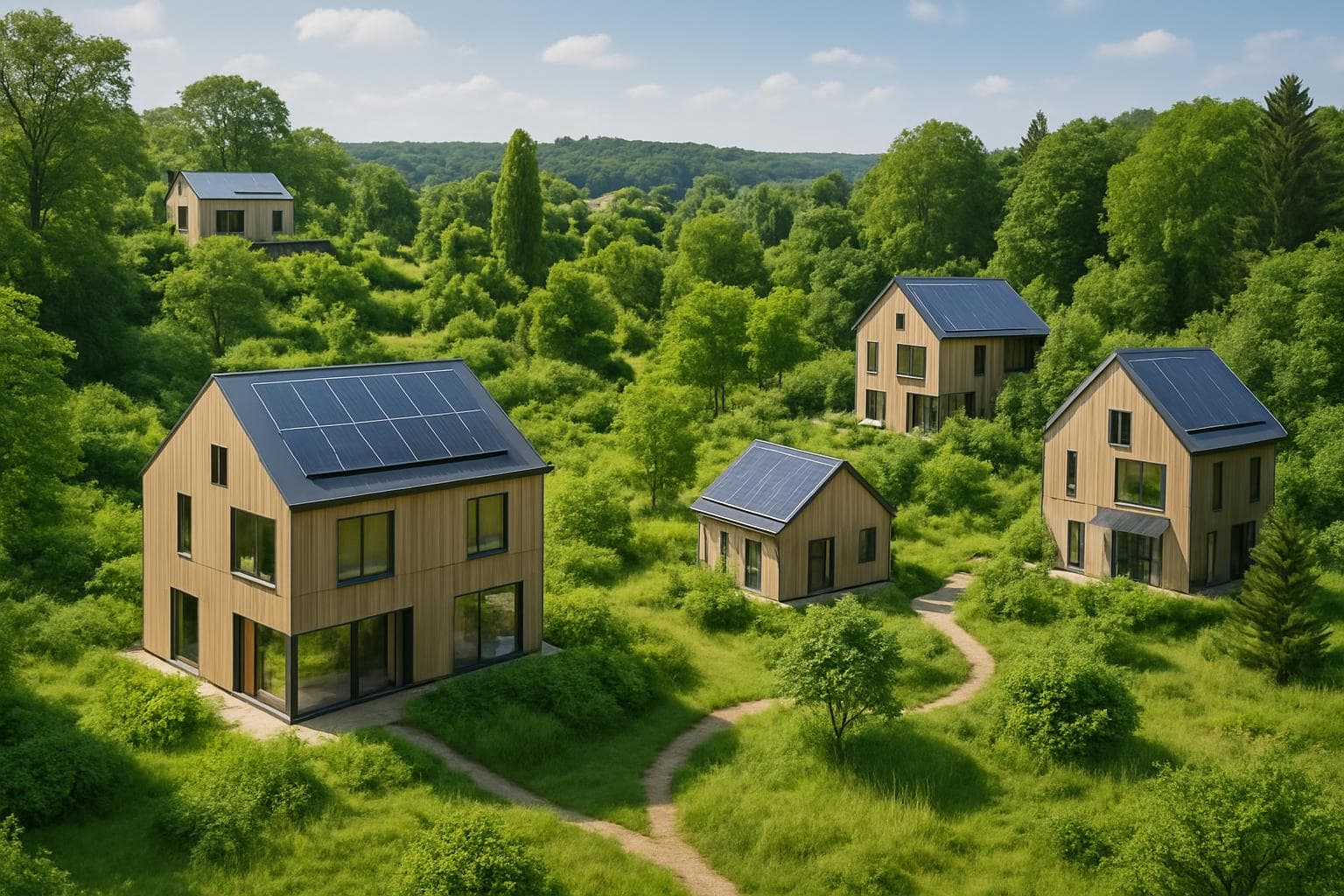 Modern eco-friendly homes in a lush green landscape