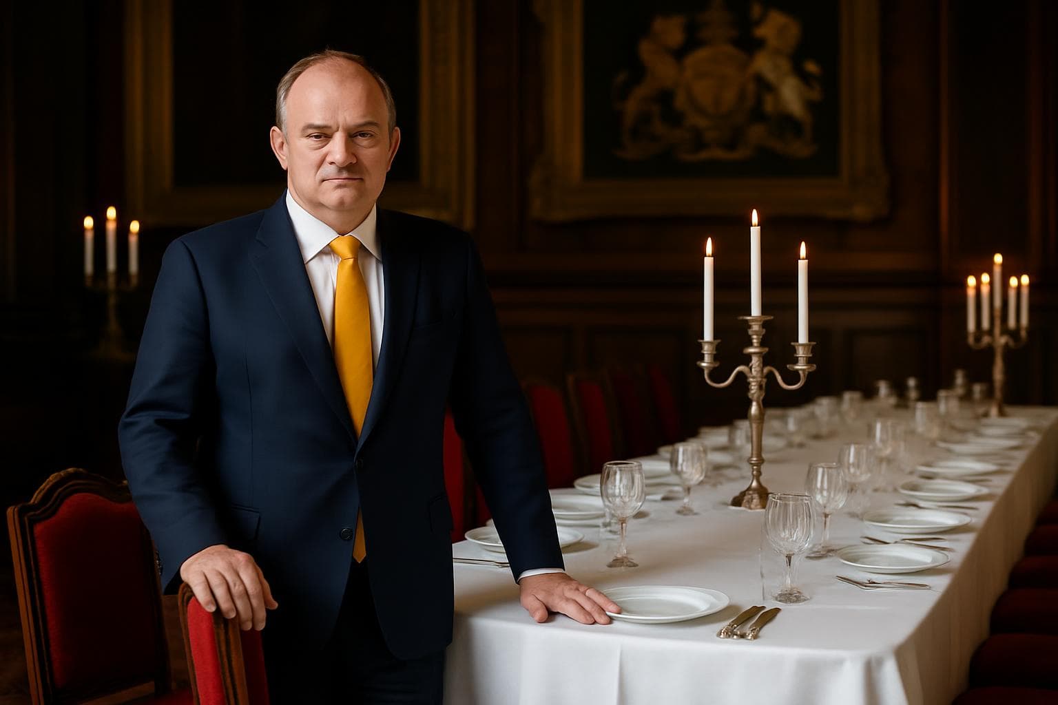 Sir Ed Davey standing by an empty banquet table