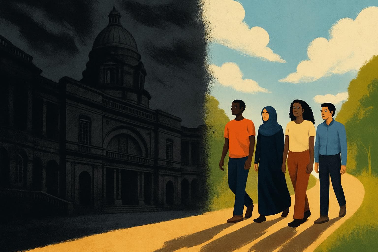 Historic University of Edinburgh building in shadows with diverse figures