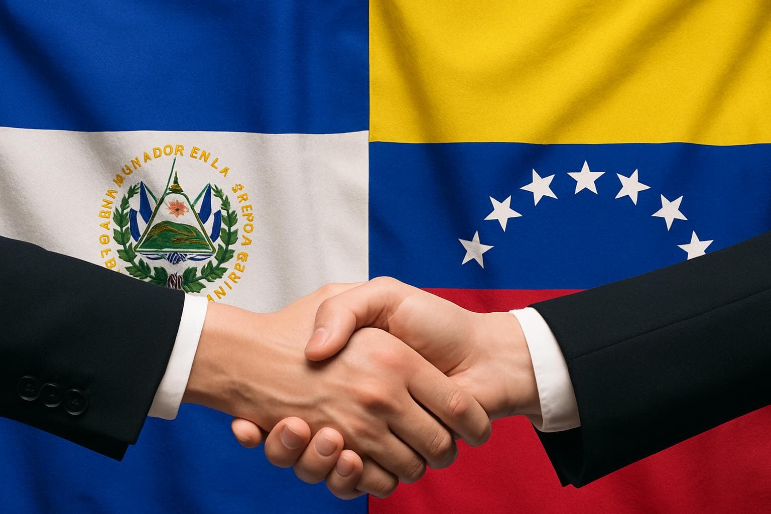 El Salvador and Venezuela flags with handshake symbolizing agreement