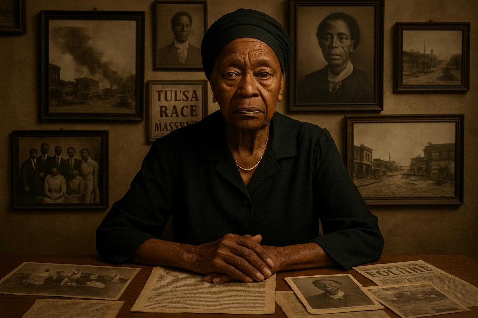 Elderly Black woman with historic photos and documents