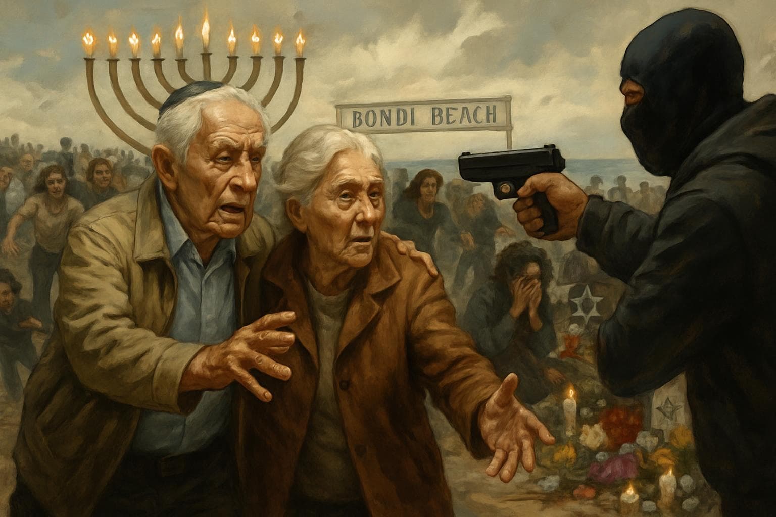 Elderly couple confronting a gunman at Bondi Beach Hanukkah event