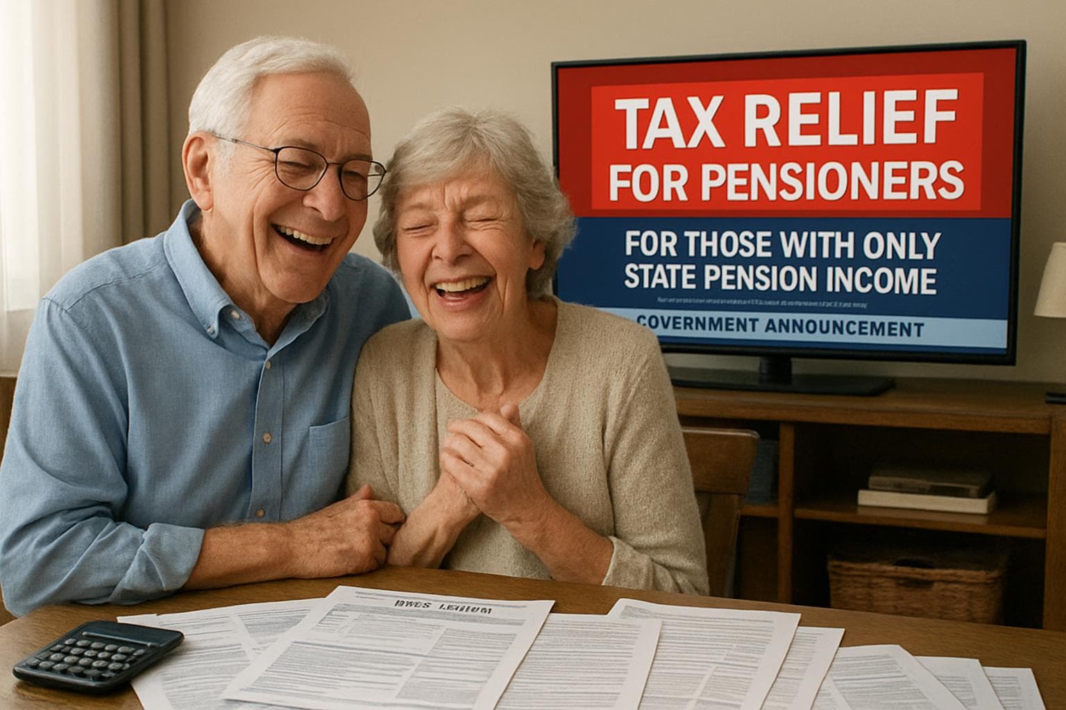 Elderly couple sitting at a table with tax forms and TV