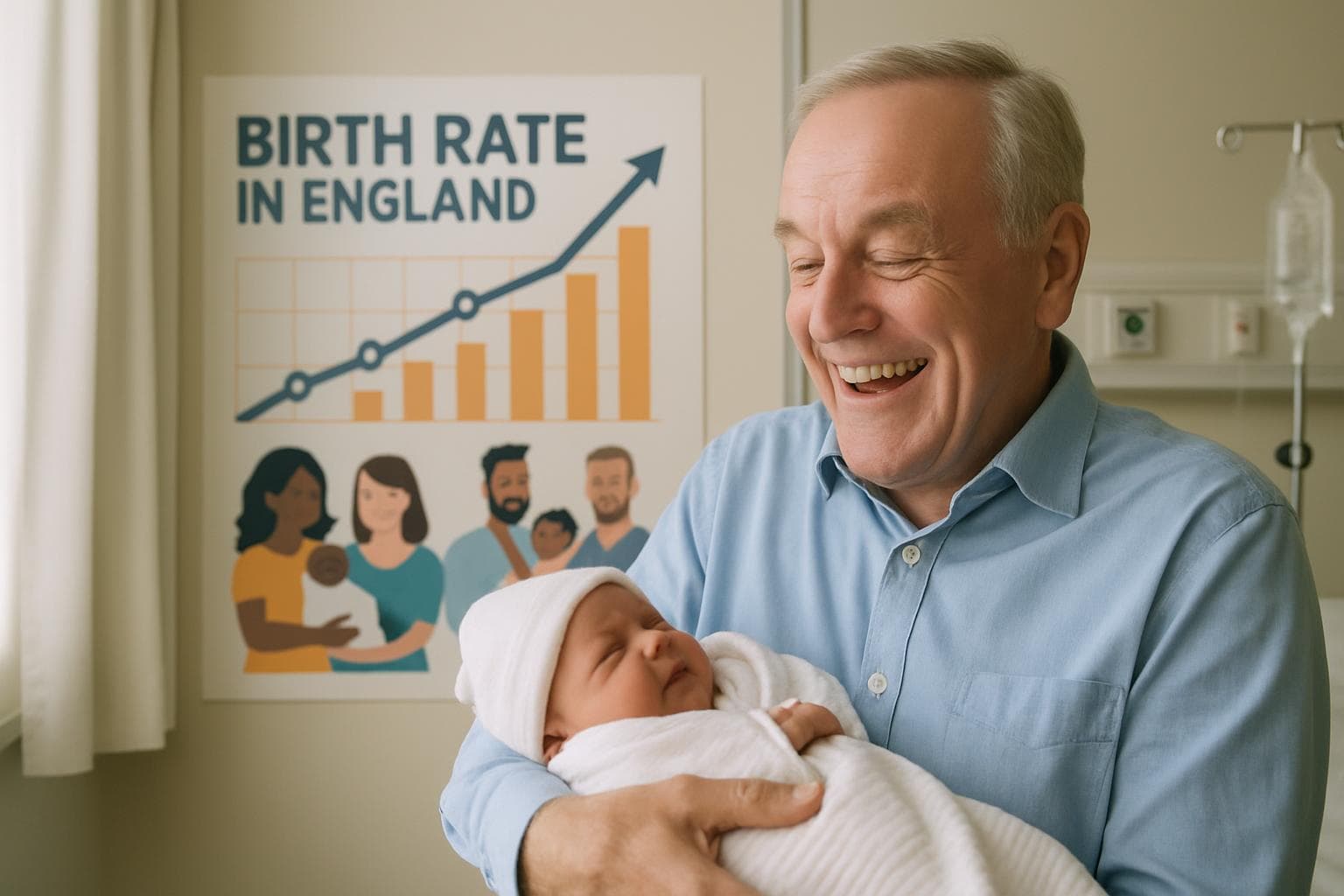 Elderly father holding newborn in a hospital in England.