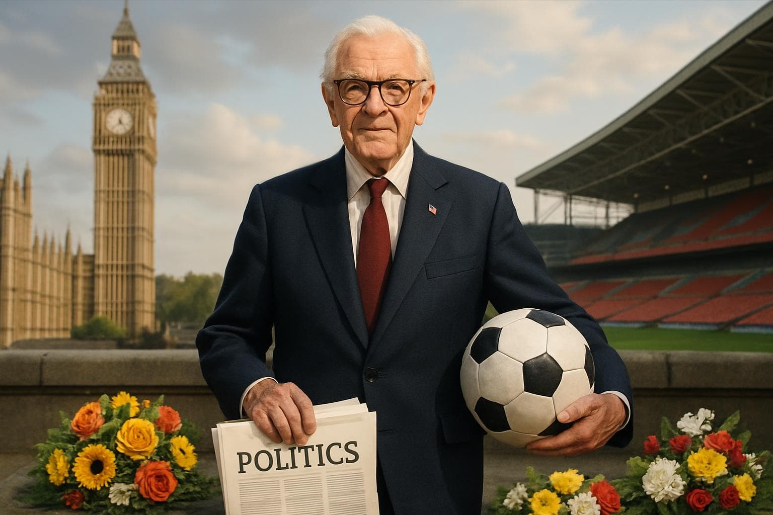 Elderly gentleman standing between British Parliament and football stadium