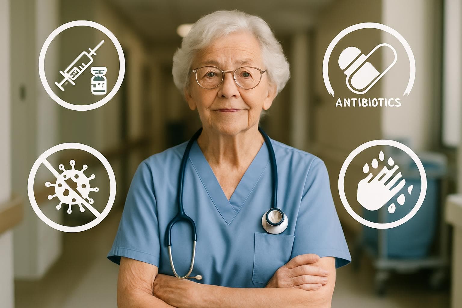 Elderly healthcare provider with vaccine and hygiene symbols