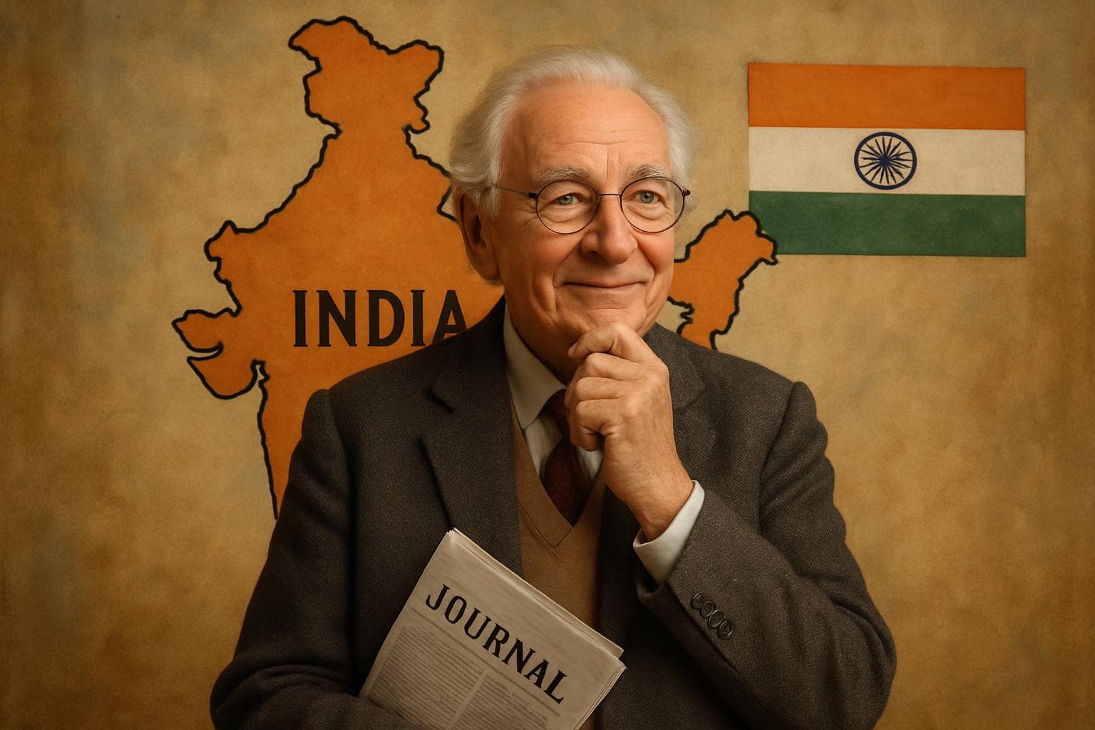 Elderly journalist with a warm smile against India backdrop
