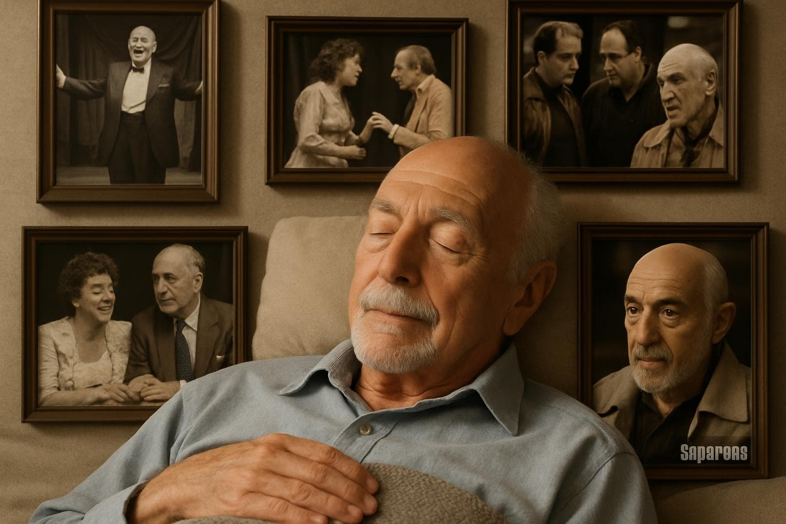 Elderly man resting with images from Broadway and TV career