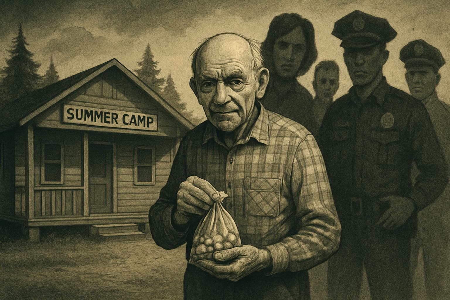 Elderly man near cabin holding sweets with shadows behind