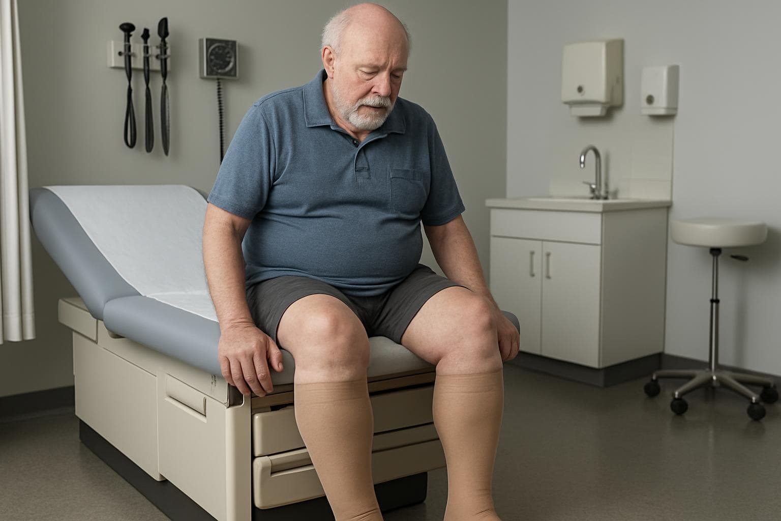 Elderly man with swollen legs wearing compression stockings in a medical room.