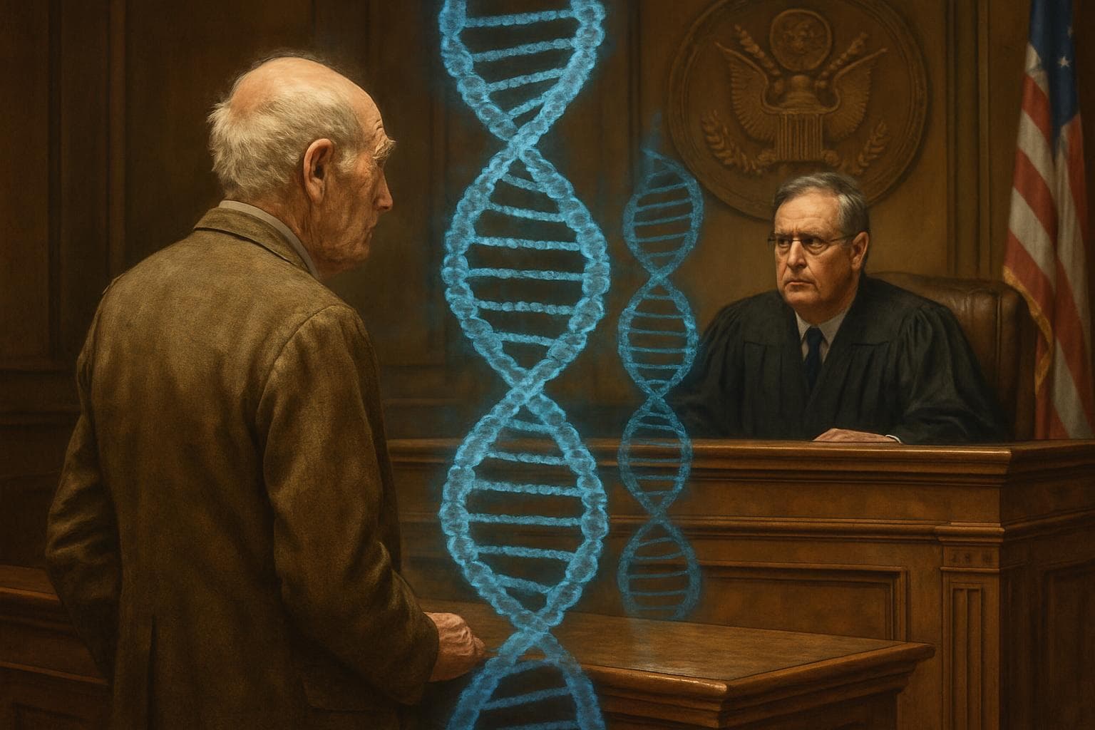 Elderly man in courtroom with DNA strands visible