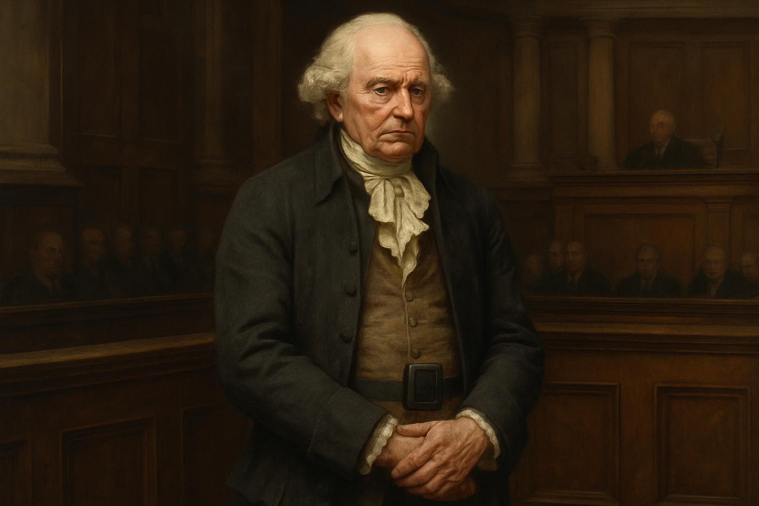 Elderly man in aristocratic attire with GPS tag in courtroom