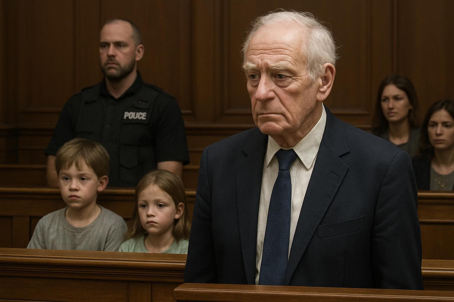 Elderly man standing in courtroom facing charges