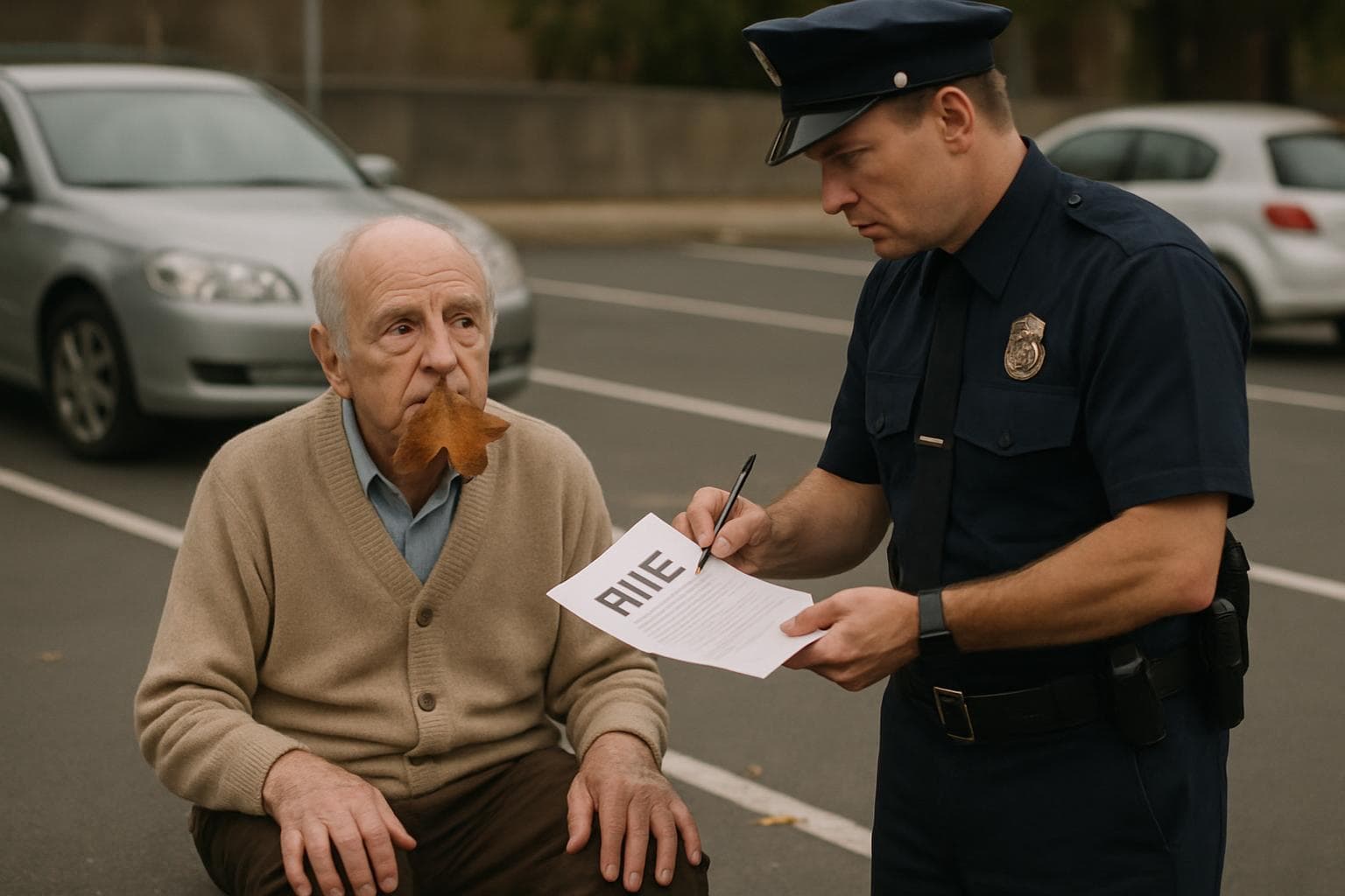 Elderly man sitting in parking lot receiving fine from officer