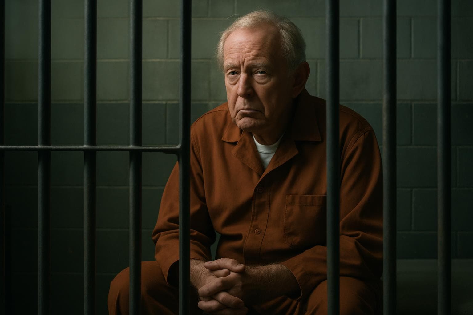 Elderly man sitting in a prison cell