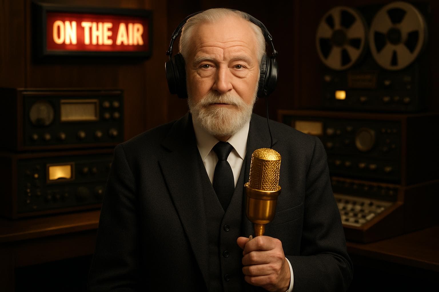 Elderly radio host with golden microphone in studio