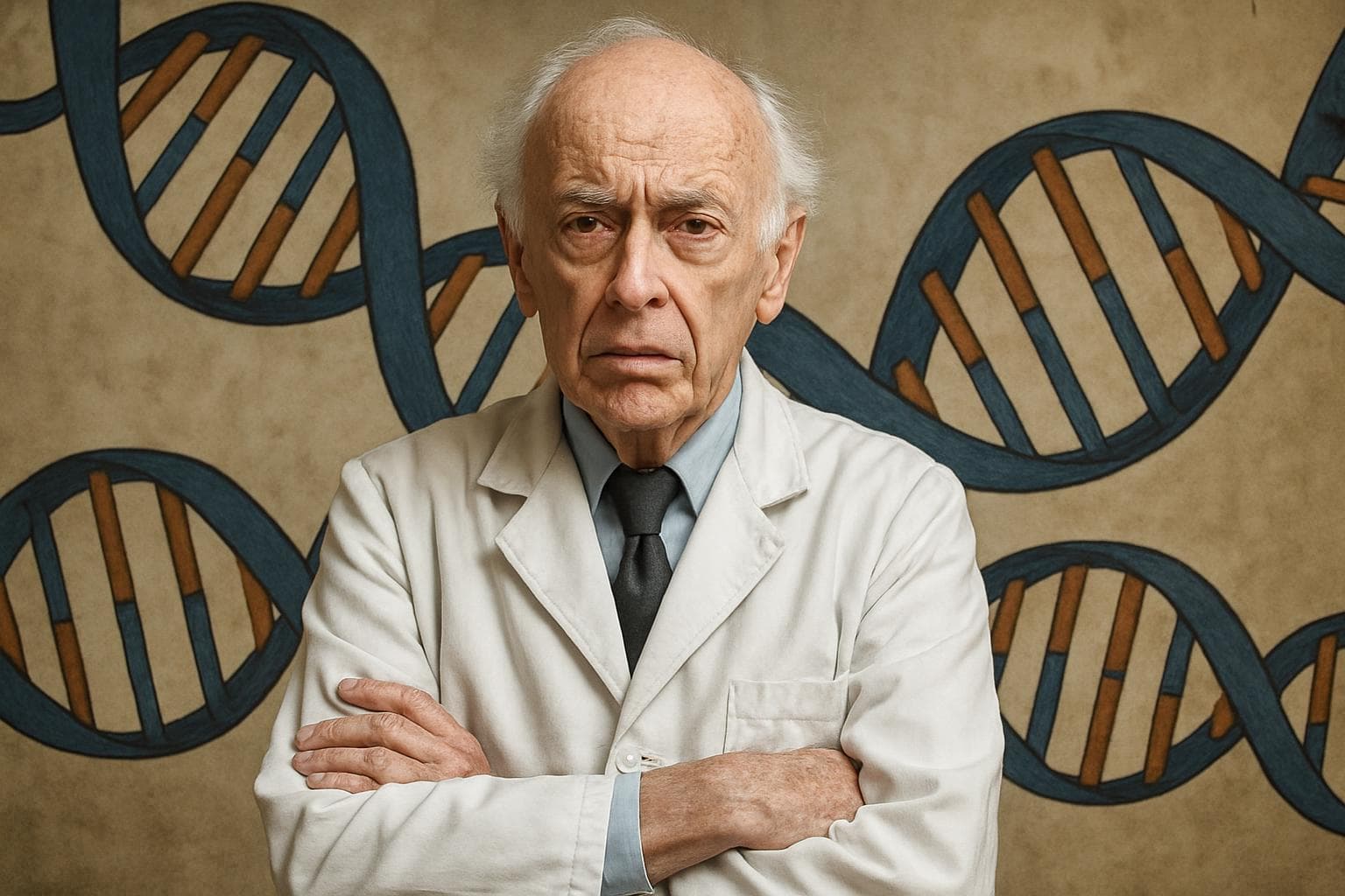Elderly scientist in front of a double helix backdrop