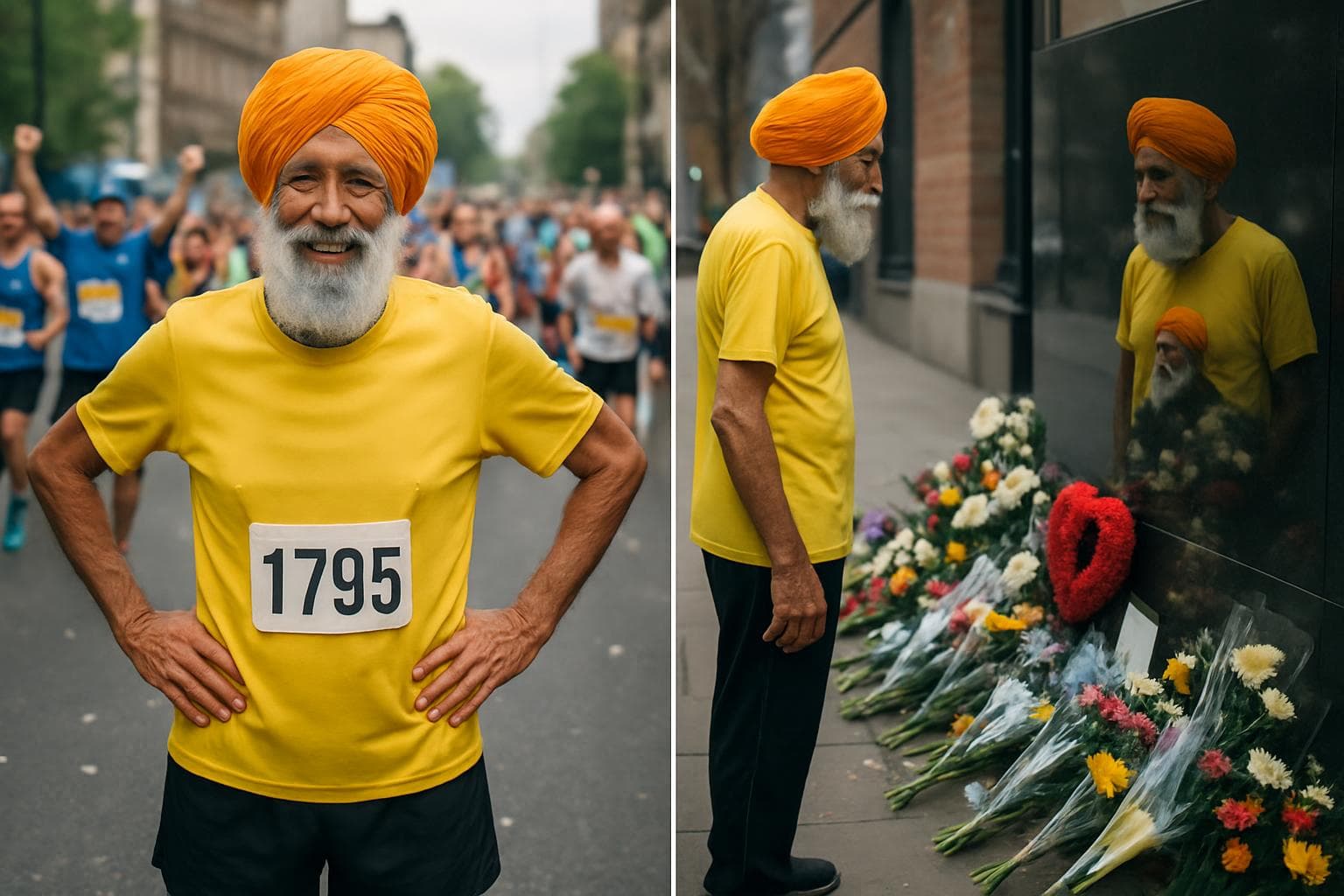 Elderly Sikh man in running gear at a marathon memorial