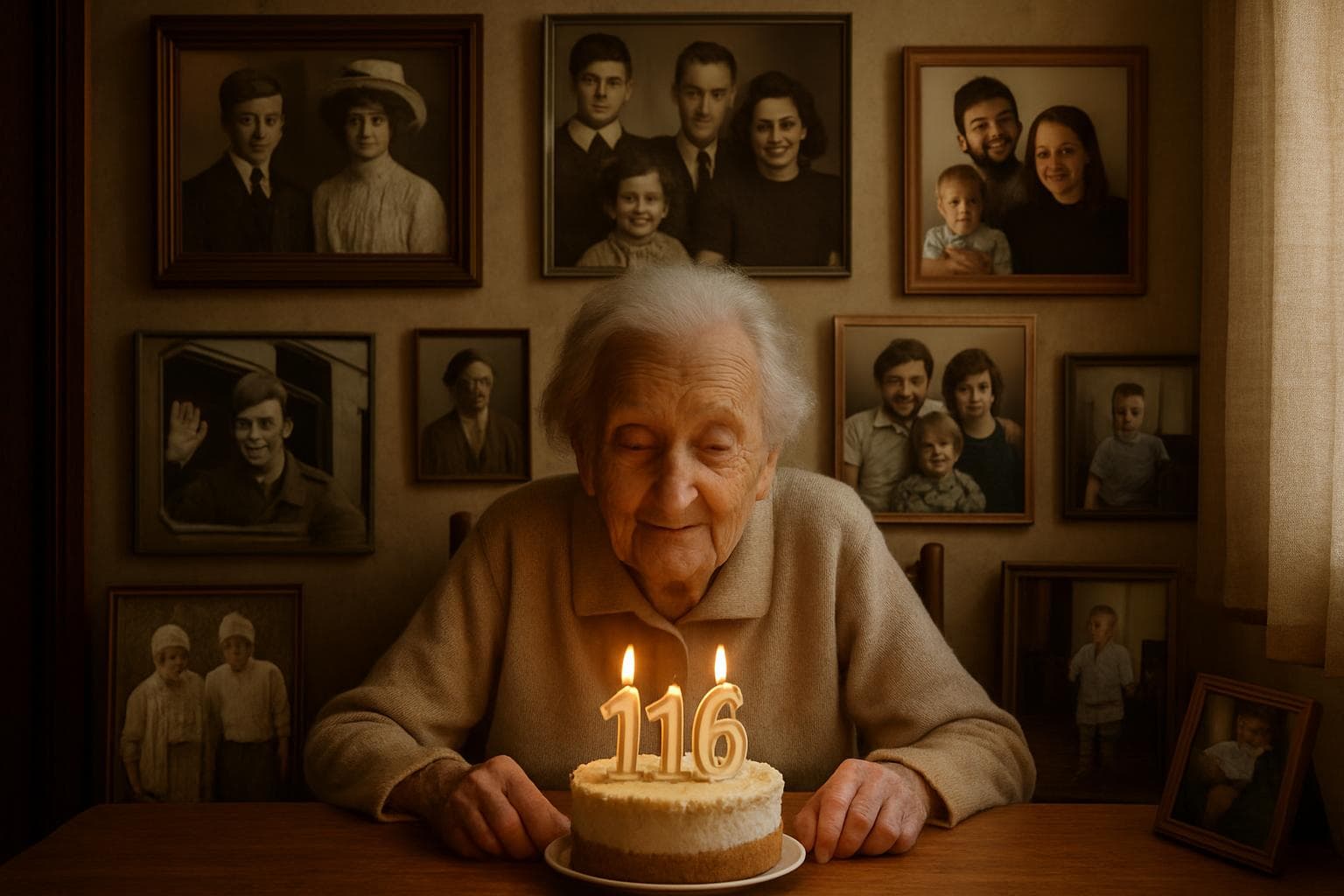 Elderly woman celebrating her 116th birthday with historical images