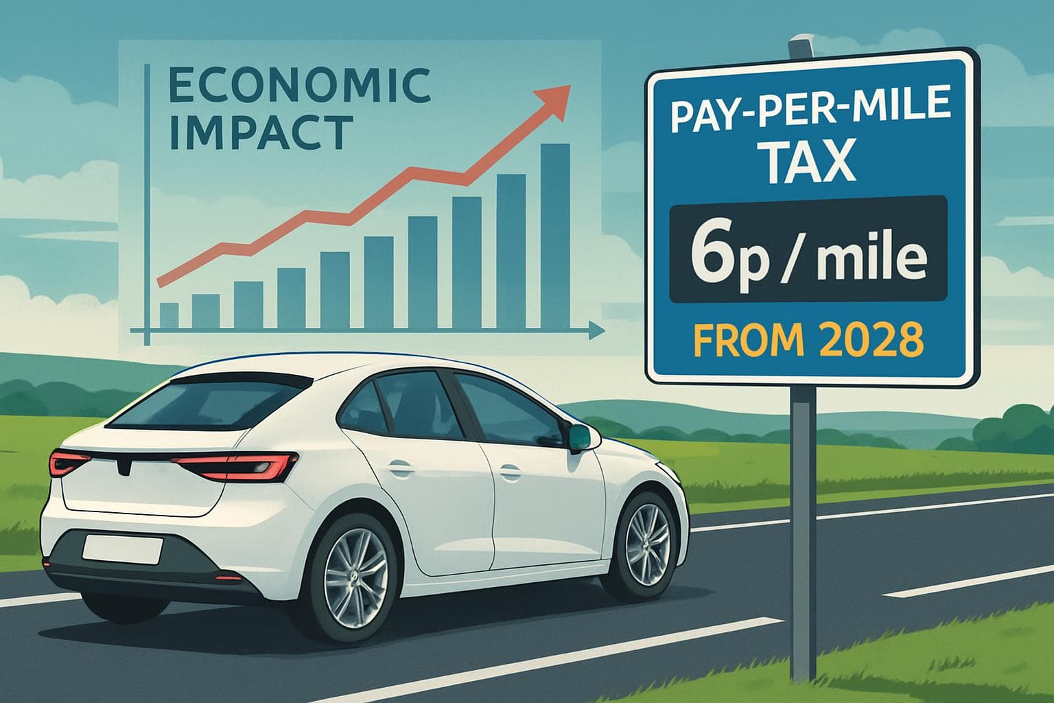 Electric vehicle on UK road with digital pay-per-mile tax display