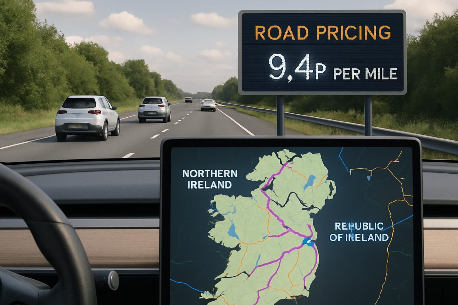 Electric vehicles on road with digital tax display