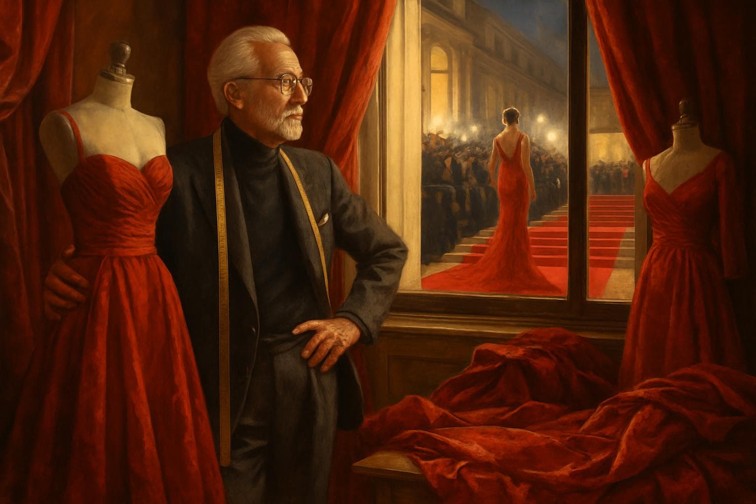 Aged fashion designer in fitting room with red fabric