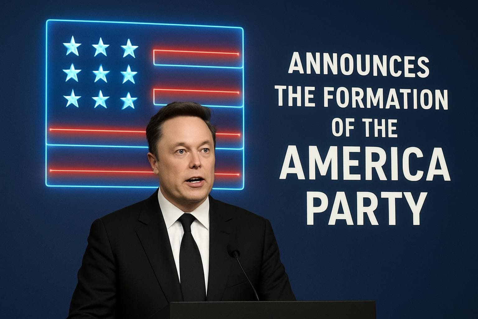 Elon Musk with futuristic American flag backdrop