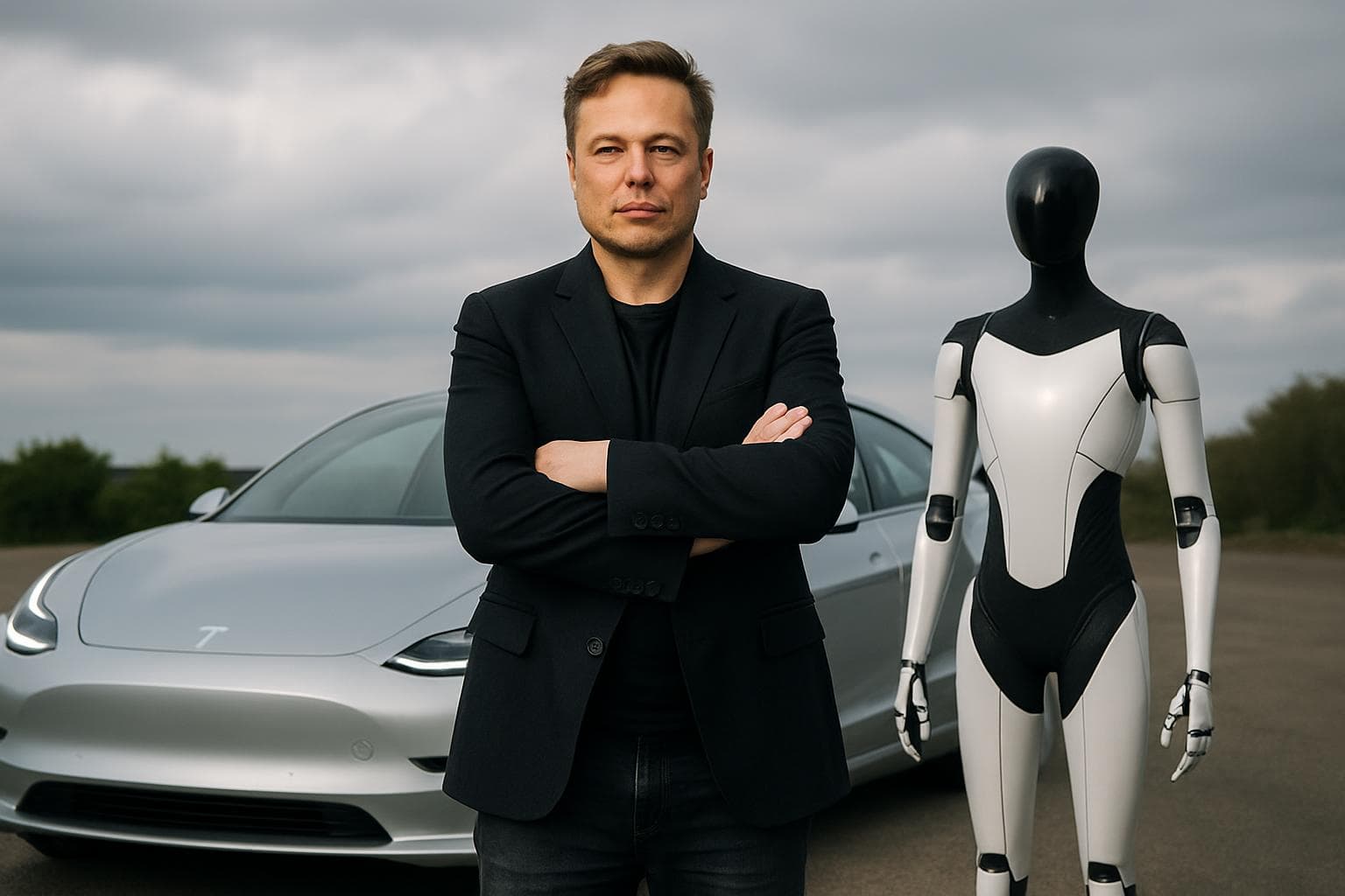 Elon Musk with a futuristic Tesla car and humanoid robot