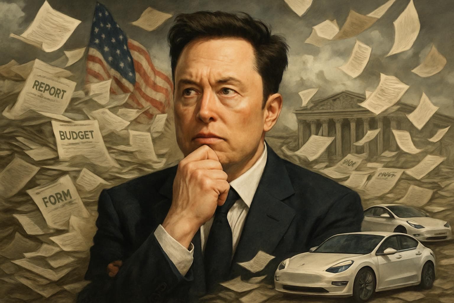 Elon Musk in a suit with government paperwork and Tesla cars