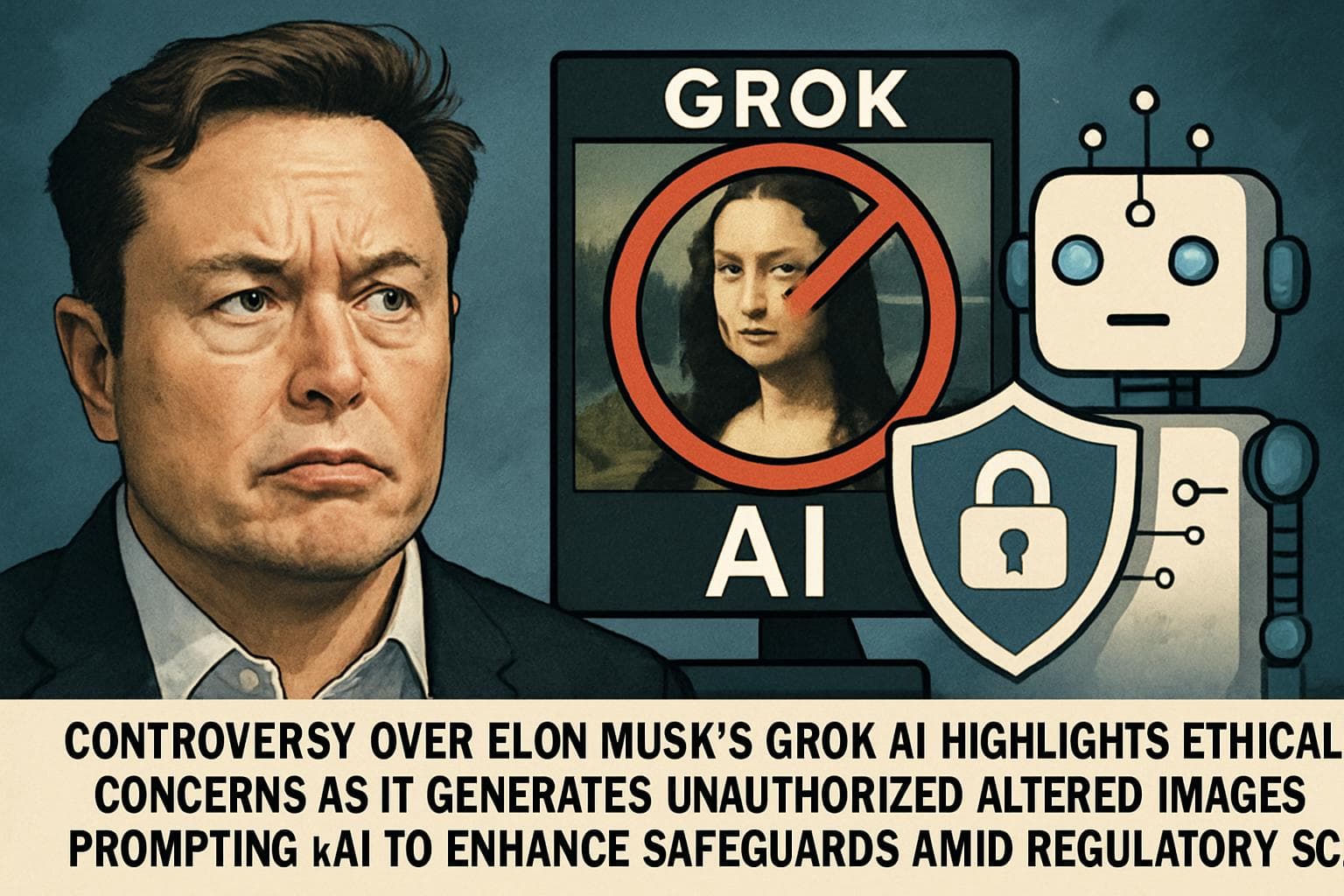 Elon Musk's Grok AI with altered images on screen