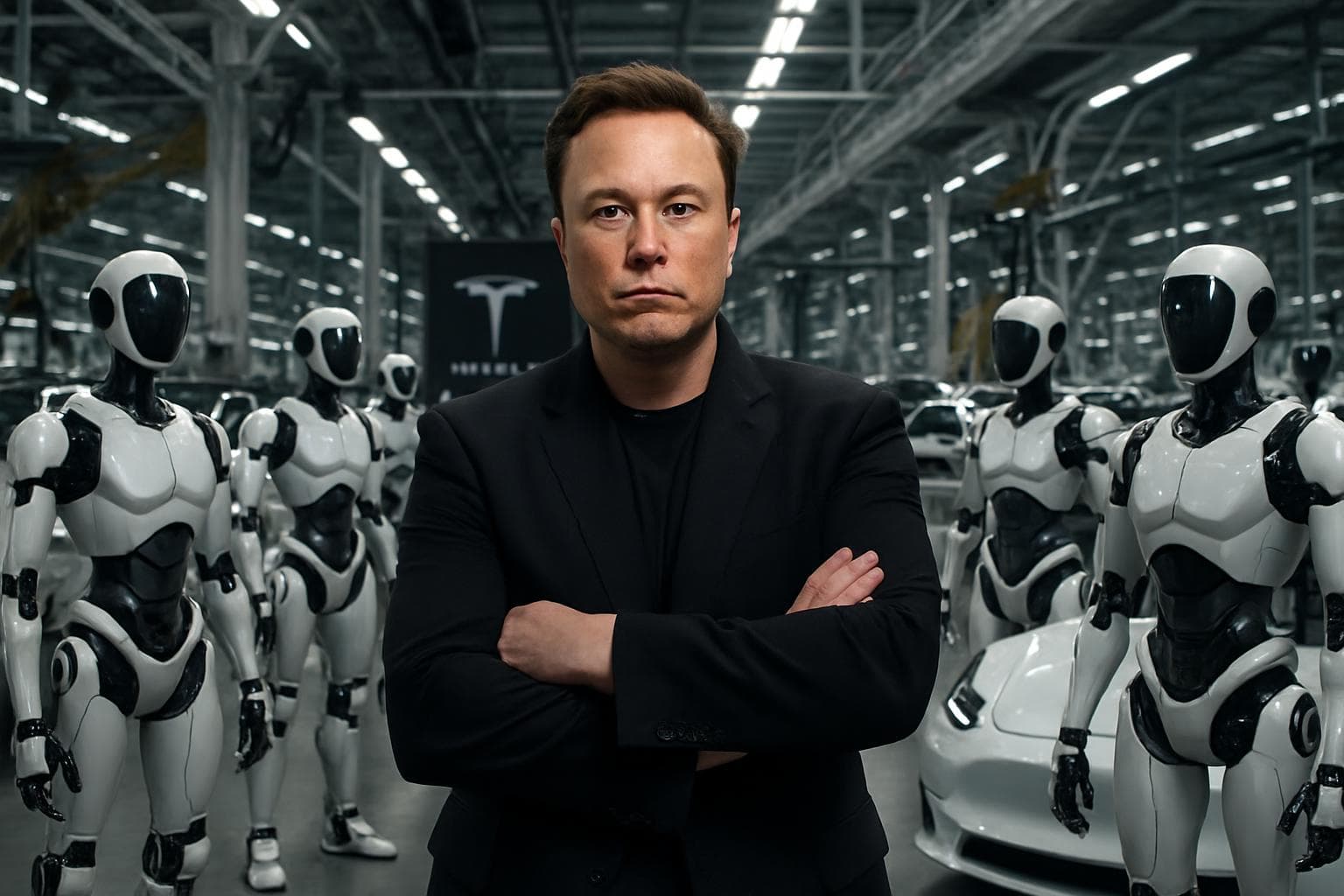 Elon Musk in a futuristic Tesla factory with AI robots and electric cars.