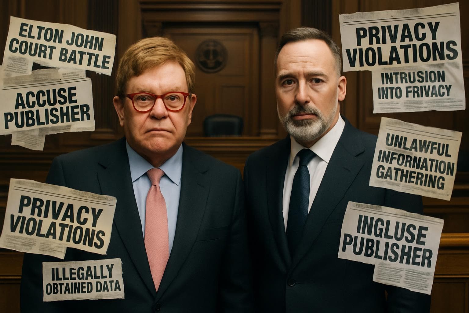 Elton John and David Furnish in a courtroom with newspaper clippings