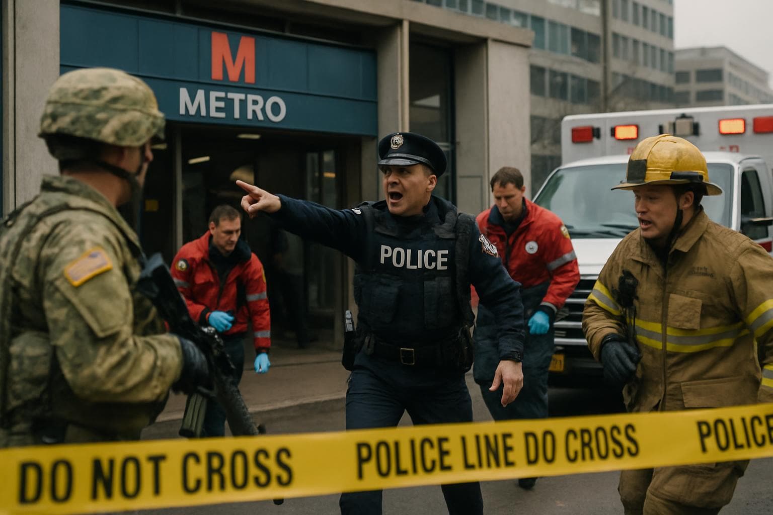 Emergency responders and National Guard near city metro station