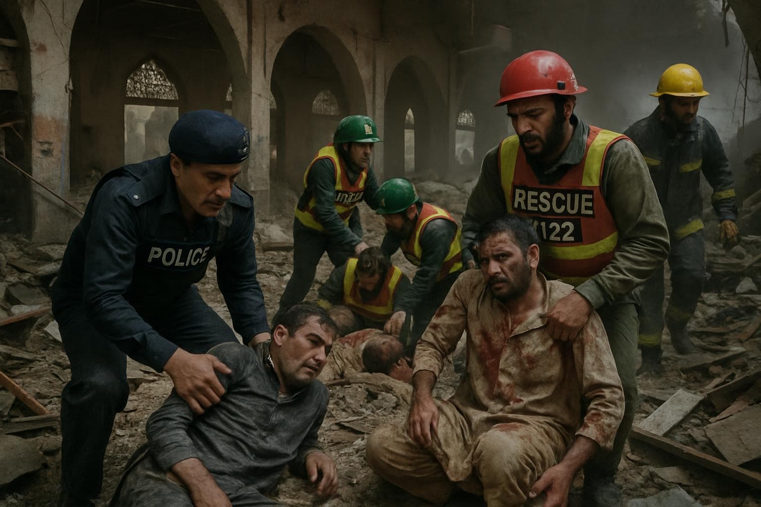 Emergency responders aiding victims in mosque rubble