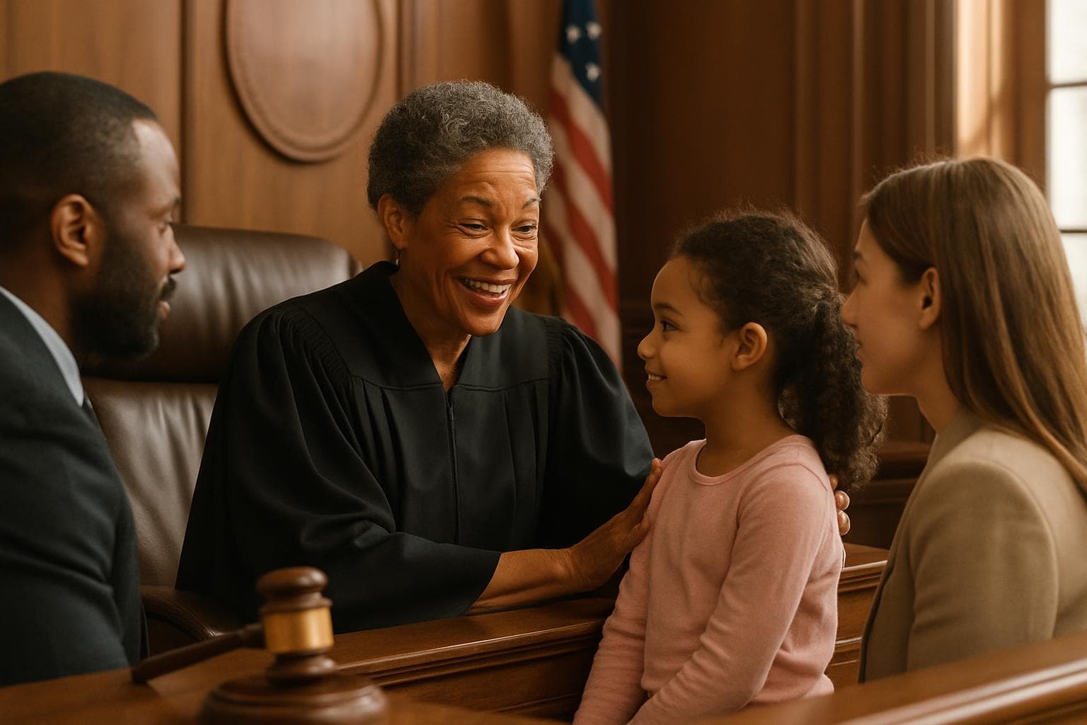 Warm and empathetic judge in a courtroom with adults and children