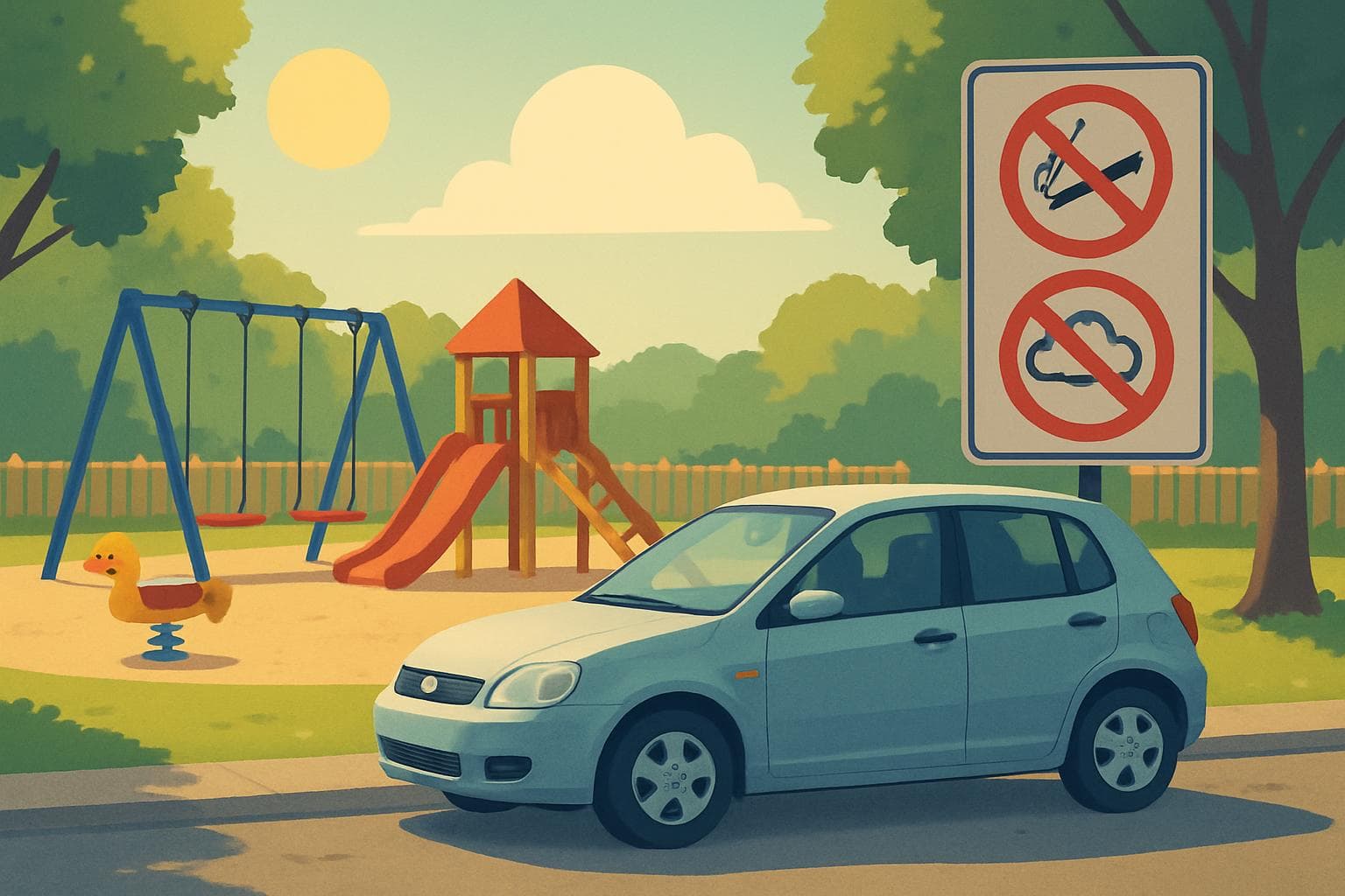 Car parked in playground with no-smoking and no-vaping signs