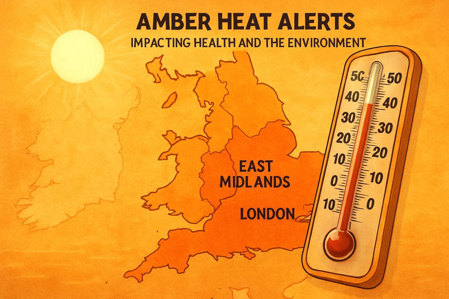 Thermometer over 30C with sun-soaked England map